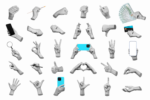 Set of 3d hand gestures ok, peace, thumb up, dislike, point to object, holding magnifier, money, mobile phone, banl card, writing on white background. Contemporary art, creative collage. Modern design