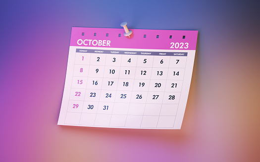 3d render October 2023 Calendar on Colorful background, White pushpin, Can be used for reminder day, special day concept (Close-Up)