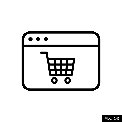 Webpage and trolly sign, shopping cart, web store, online shopping concept vector icon in line style design for website, app, UI, isolated on white background. Editable stroke. EPS 10 vector illustration.