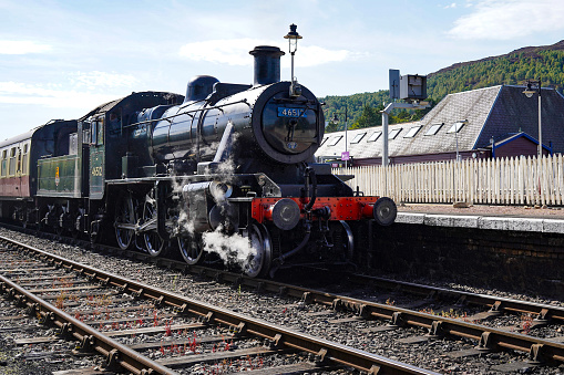 Aviemore, Scotland - September 06 2023: The historic Strathspey railway locomotive at Aviemore station in Scotland. It is a heritage railway that goes from Aviemore to Broomhill.
