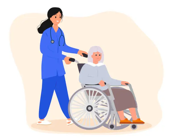 Vector illustration of A nurse helps a grandmother with a wheelchair.