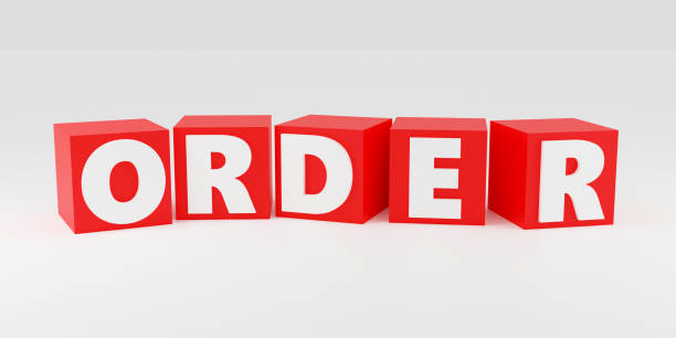 istock Red cubes inscription order on grey podium, soft light, smooth background, 3d rendering 1739125539