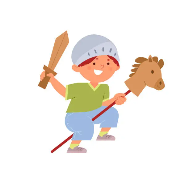 Vector illustration of Happy boy in a helmet rides a toy horse and holds a wooden sword. childrens games in the knight