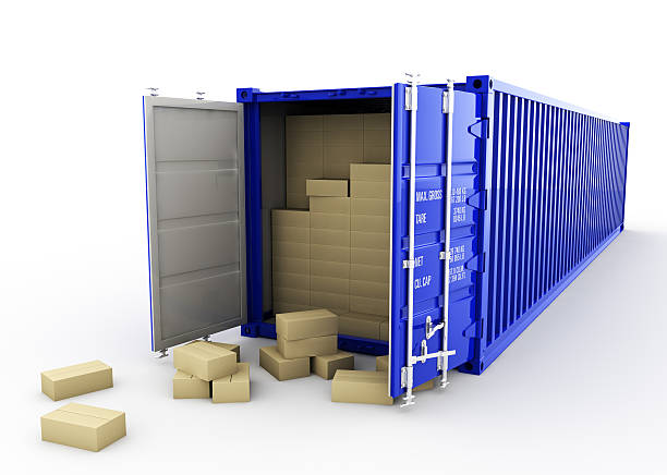 Cartoon boxes inside a blue shipping container Open 40' shipping container and cardboard boxes. 3d render. cargo container container open shipping stock pictures, royalty-free photos & images