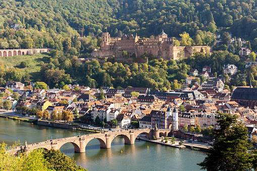 View over the historic city of Heidelberg on the Neckar River in Autumn