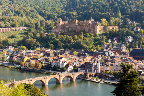 View over the historic city of Heidelberg with Castle on the Neckar River stock photo