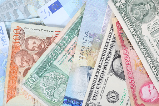 Currencies with Bills from USA, Europe, Canada, Jamaica and Dominican republic.