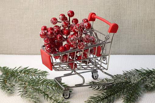 shoping cart with fir branches in basket supermarket. Christmas shopping Grocery basket Winter holiday sales, seasonal sales, Black Friday