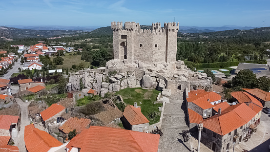 Penedono Viseu Portugal - 09 24 2023: Panoramic aerial exterior view at the iconic Penedono Castle, on Penedono village downtown, Viseu, Portugal