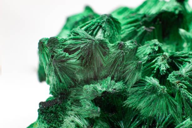 malaquita mineral de cobre verde vibrante em forma de veludo altamente estruturado, cristal de malaquita verde profundo macro pedra mineral macro isolado em uma superfície de fundo branco - rock malachite rough crystal - fotografias e filmes do acervo