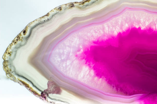 istock Hot pink and semi-transparent agate geode slice crystal, banded chalcedony stone isolated on a white background surface with lots of detail. Abstract pink crystal image with lots of copy space 1739144112