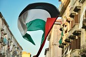 Palestine flag flying in the streets of Turin