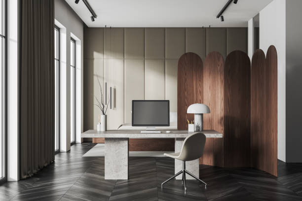 istock Stylish home bedroom interior with work and sleep zone, wooden partition 1739146096