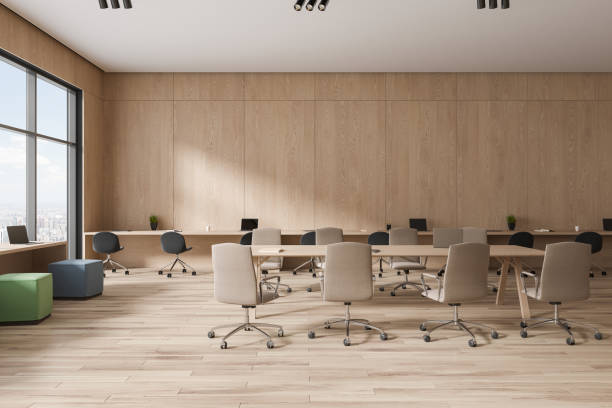 istock Wooden coworking interior with conference table and chairs, panoramic window 1739146521