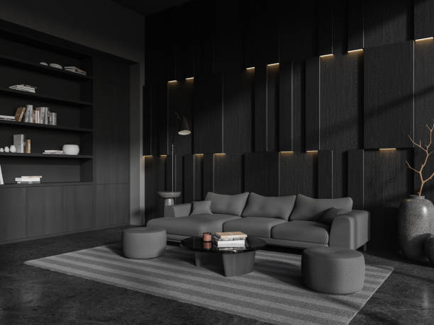 istock Black living room interior with couch and coffee table, shelf with decoration 1739146813