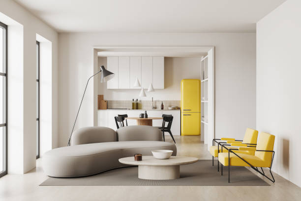 istock Cozy home studio interior with chill and cooking space, panoramic window 1739147221