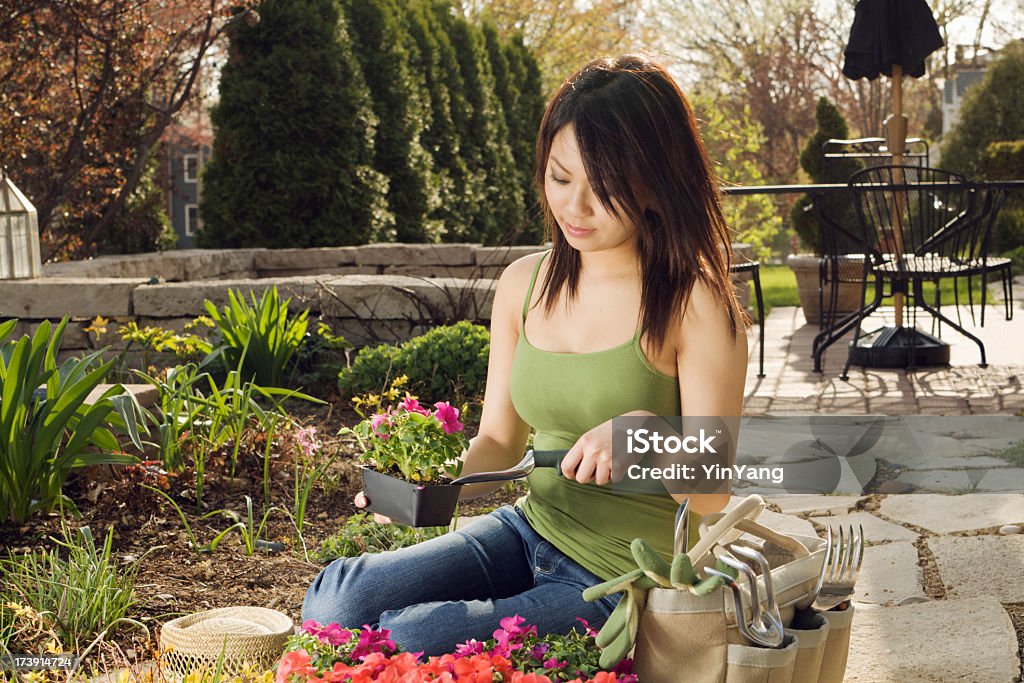 Asiático mulher Plantando Flor de Primavera, com ferramentas de Jardim de quintal - Royalty-free 20-29 Anos Foto de stock