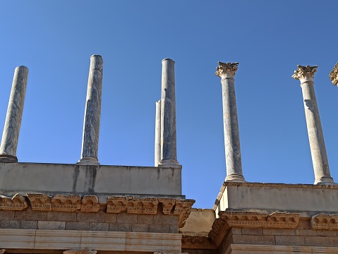 Columns in the Roman theater of Mérida. Archaeological complex of Mérida, declared a World Heritage Site by UNESCO in 1993. Emerita Augusta. Merida. Badajoz, Extremadura, Spain.