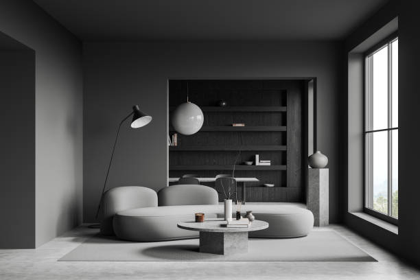 istock Grey office room interior with relax area, meeting zone and panoramic window 1739147594