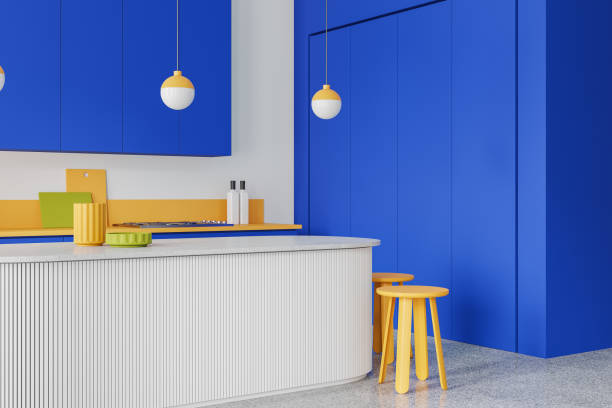 istock Colorful kitchen interior with cooking and eating zone with bar counter 1739147714