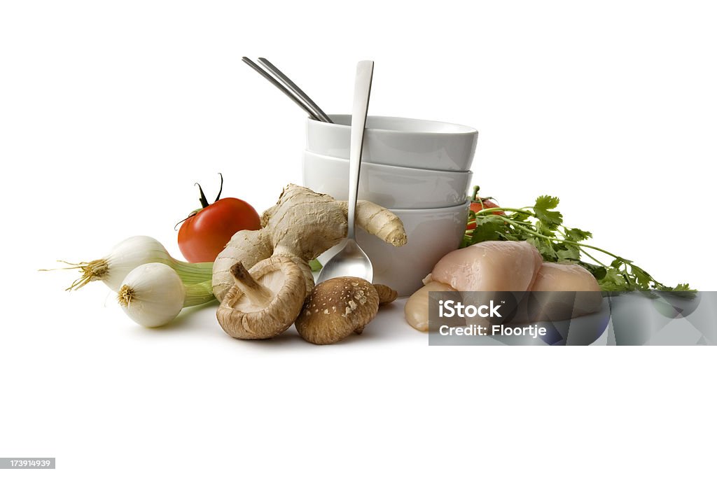 Asiática ingredientes: Primavera, Shiitake, cebola, frango, tomate, coentro - Foto de stock de Alimentação Saudável royalty-free