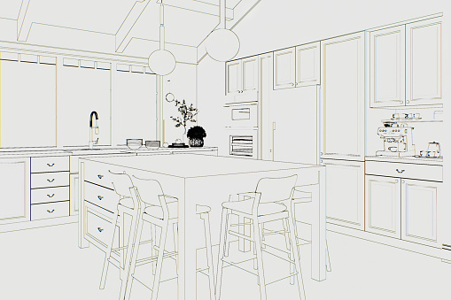 Drawing of a kitchen on a white background with an island and household appliances. Abstract kitchen design in hand drawn style. 3D rendering