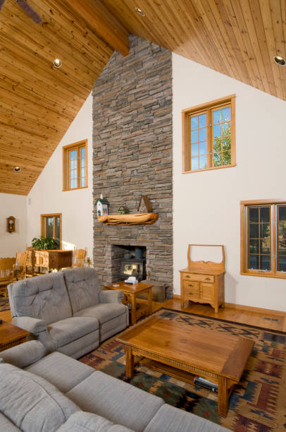 istock Living room with knotted pine vaulted ceiling 173915231