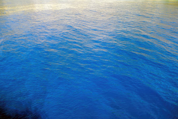 Rippled empty sea background texture, close up view. Wavy deep blue ocean water surface. Marine vacation ad template, copy space.