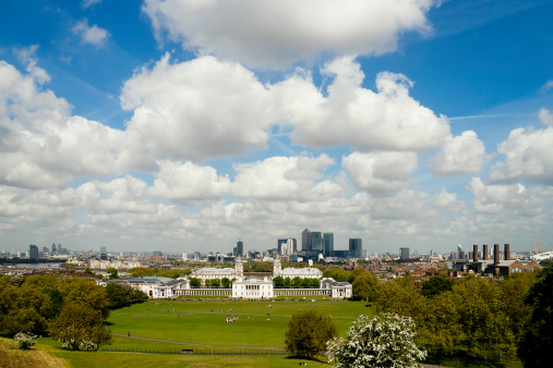 A view over Greenwich, south east London and Canary Wharf from the Royal Observatory.