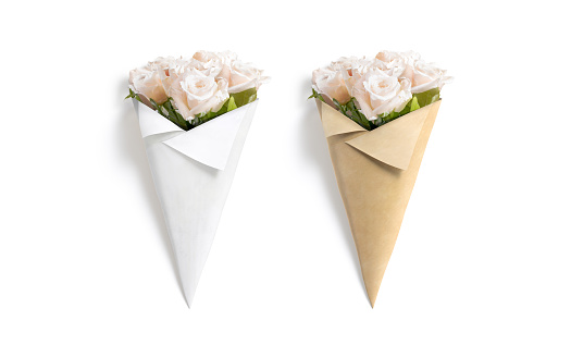 Blank craft and white flowers packaging cone mockup, top view, 3d rendering. Empty roses bunch wrapped in papery cones mock up, isolated. Clear blossom bouquet for valentine gift template.