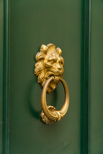 View of iron door handle in shape of lion's head
