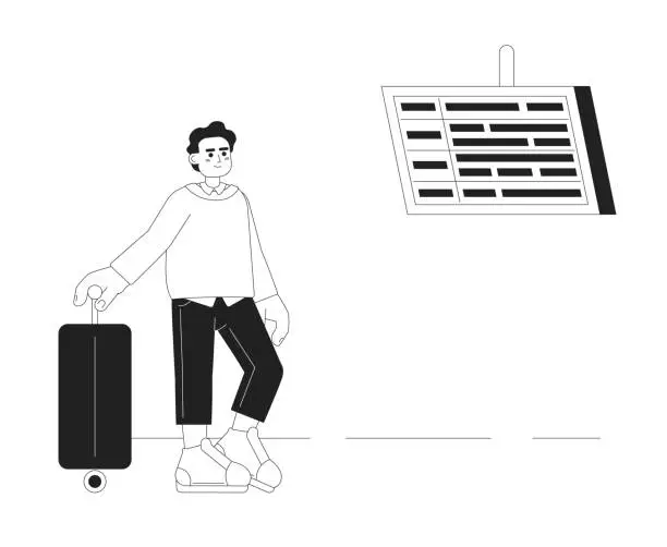 Vector illustration of Hispanic traveler with suitcase monochromatic flat vector character