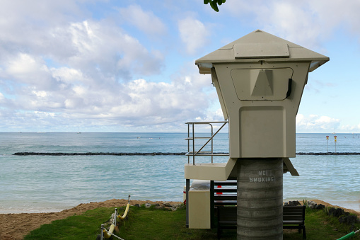 Closeup of a lifeguard station on a beach in Hawaii.