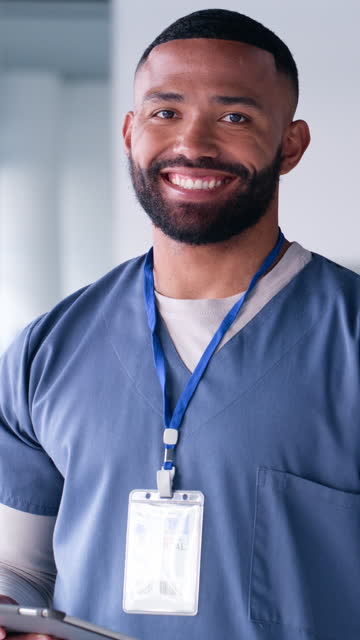 Nurse, medical man and tablet in hospital with internet, communication or networking. Happy black male healthcare worker or surgeon portrait with technology for telehealth results on app in Africa