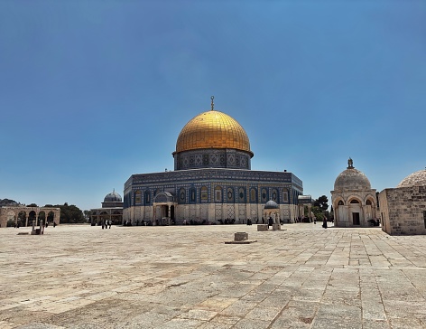 A view of the Dome of the Rock and the Dome of Al-Miraj from the yards of Al-Aqsa Mosque, Jerusalem, Palestine. •09 May 2023•