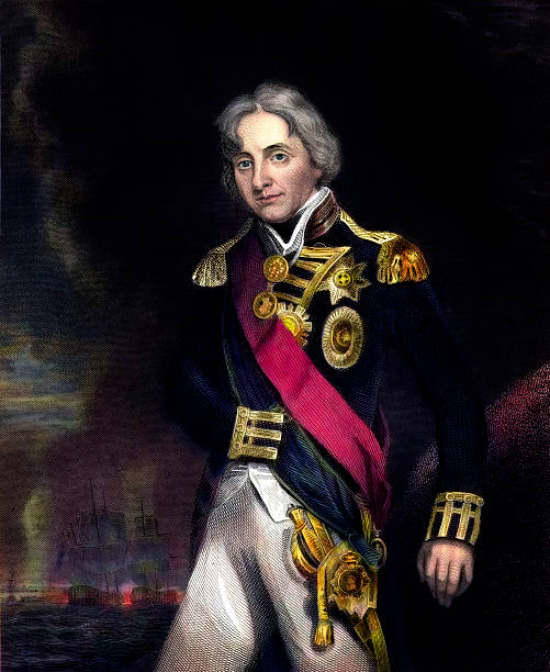 Admiral Horatio Nelson Vintage engraving of Horatio Nelson one of England's great national heros. The victor at Battle of Trafalgar, the Battle of the Nile  and Battle of Copenhagen. He was a tactical genius and an inspiring leader who brought out the best in his men. Engraving from 1852, Photo and colour by D Walker admiral nelson stock illustrations