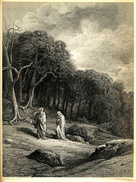 Arthurian legend Merlin and Vivien enter the woods Vintage engraving showing Merlin and Vivien enter the woods a scene from Arthurian Legend. merlin the wizard stock illustrations