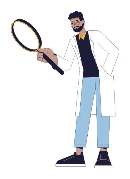 Vector illustration of Indian scientist with magnifying glass flat line color vector character