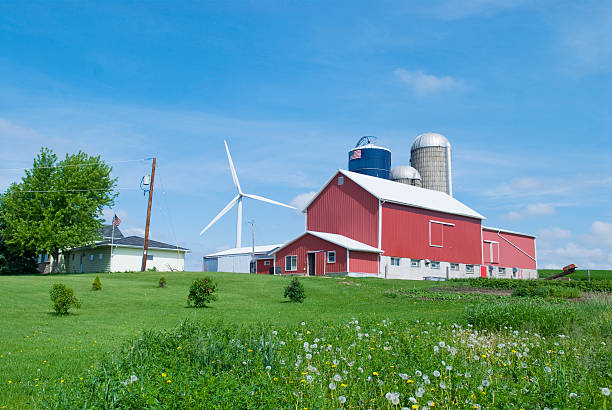 Scene of a small family farm with a wind turbine visible in background