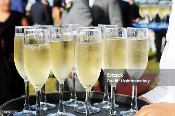 Несколько Очки Полный Шампанского На Поднос — стоковые фотографии и другие картинки Бокал для шампанского - Бокал для шампанского, Вечеринка, Виноградник Моэт э Шандо