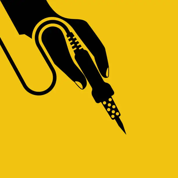 Vector illustration of Soldering iron in hand man. Electronics repair concept. Calibration