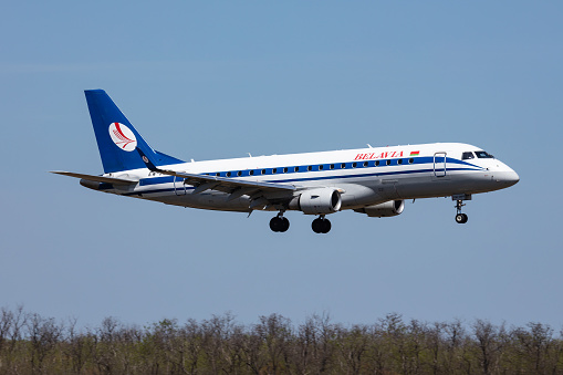 Budapest, Hungary - May 9, 2021: Belavia passenger plane at airport. Schedule flight travel. Aviation and aircraft. Air transport. Global international transportation. Fly and flying.