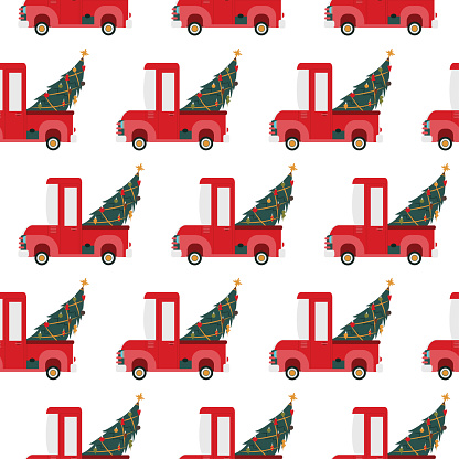 Red Truck With Christmas Tree Vector Cartoon Seamless Pattern