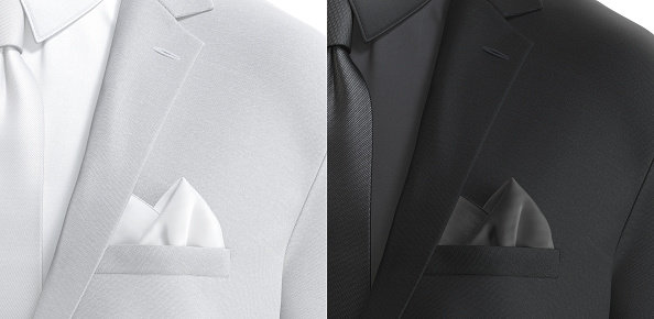 Blank black and white folded pocket square classic suit mockup, 3d rendering. Empty male classy costume with formal scarf mock up, front view. Clear groom clothing with silk accessory template.
