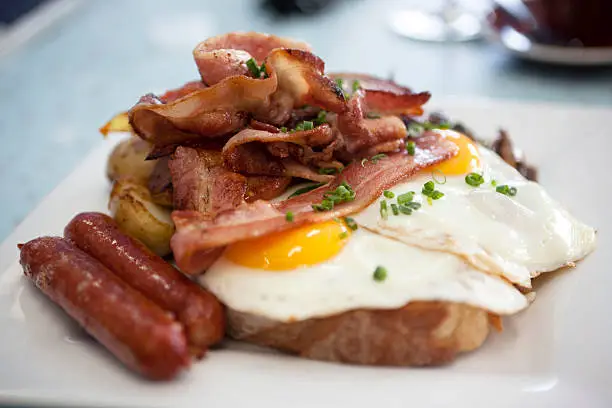 Photo of A closeup of eggs, bacon, ham, and sausage on top of toast