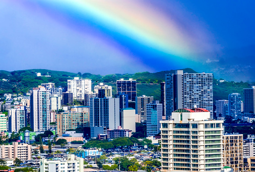 Colorful Rainstorm Rainbow Buildings Waikiki Punchbowl  Cemetery Tantalus Apartment Buildings Honolulu Oahu Hawaii