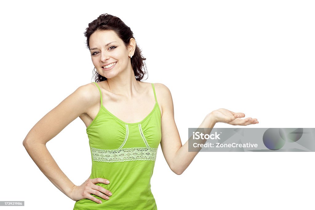 Verde bonito jovem brunette Menina expressão braços levantados isol - Royalty-free Adulto Foto de stock