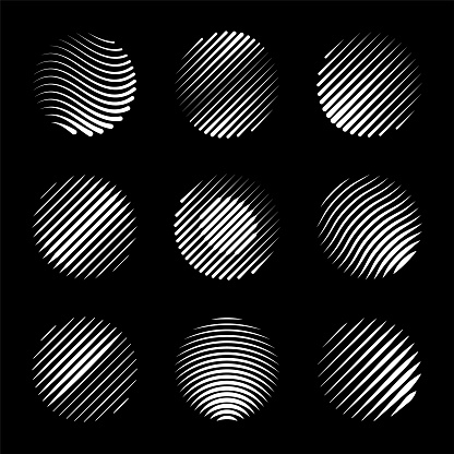 Set of abstract halftone striped circles. Vector elements for design.