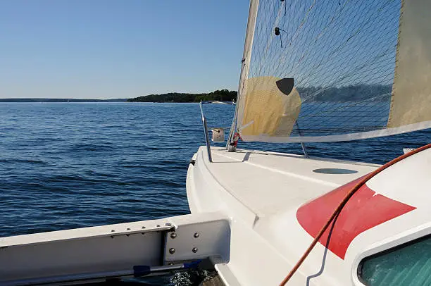 Lazy sailing on a trimaran in the Stockholm archipelago. Calm wind, hot sun, a nice day.