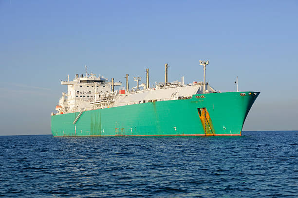 LNG carrier Ship transporting liquefied natural gas (LNG) at anchor. lng liquid natural gas stock pictures, royalty-free photos & images